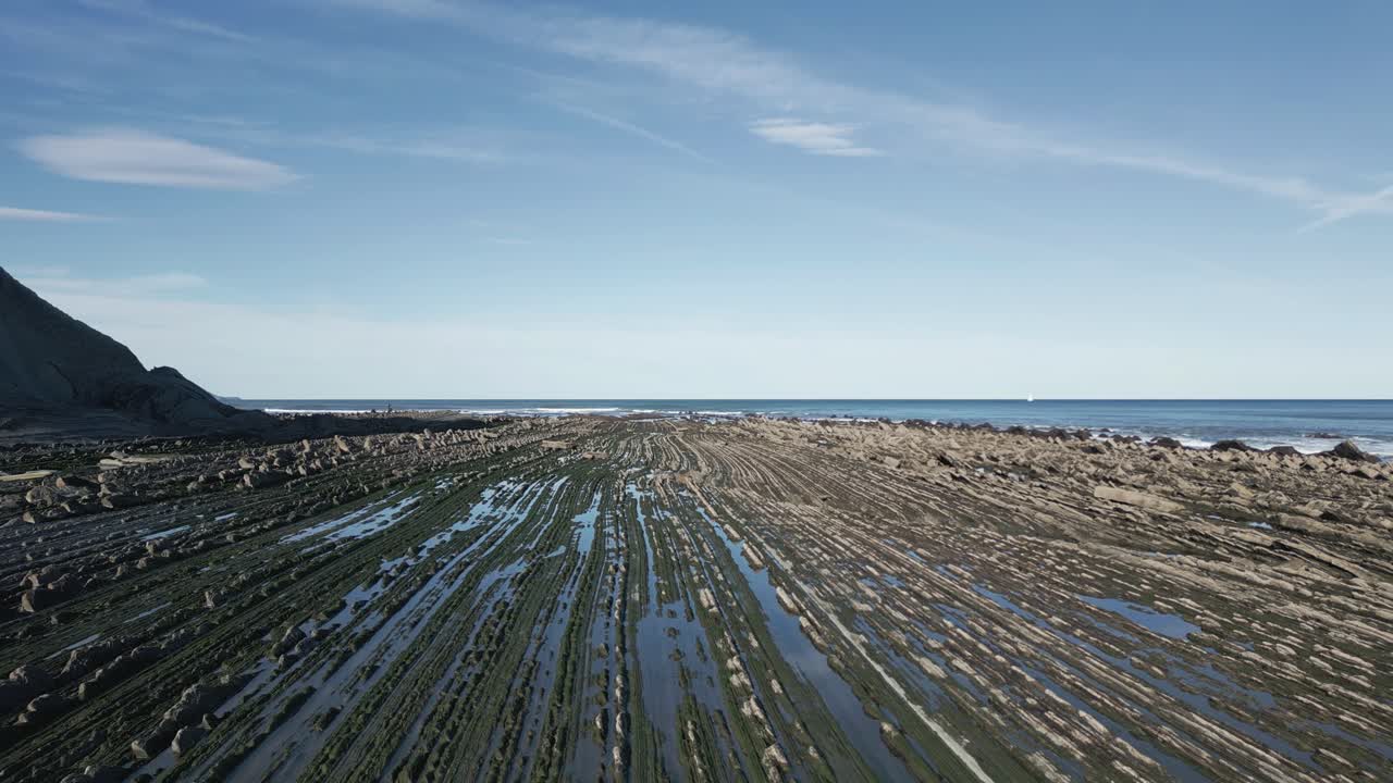 Stunning aerial view of the unique flysch rock formations at Sakoneta beach in the Basque Country, Spain, with layers of sedimentary rock stretching towards the Atlantic Ocean on a sunny day