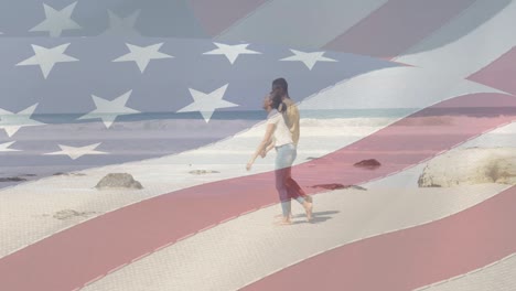 animation of american flag moving over couple holding hands and walking on beach