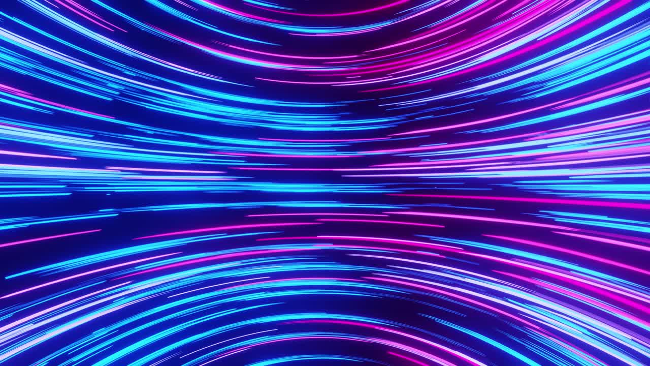 Light stripes moving fast over dark background and are reflected in the floor