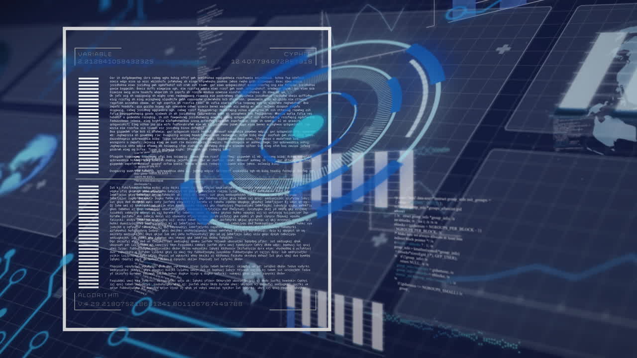 Animation of digital data processing with graphs on blue grid background