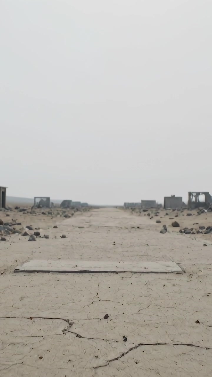 Vertical video: Lifting camera low revealing cracked road in arid area, documenting concrete slab