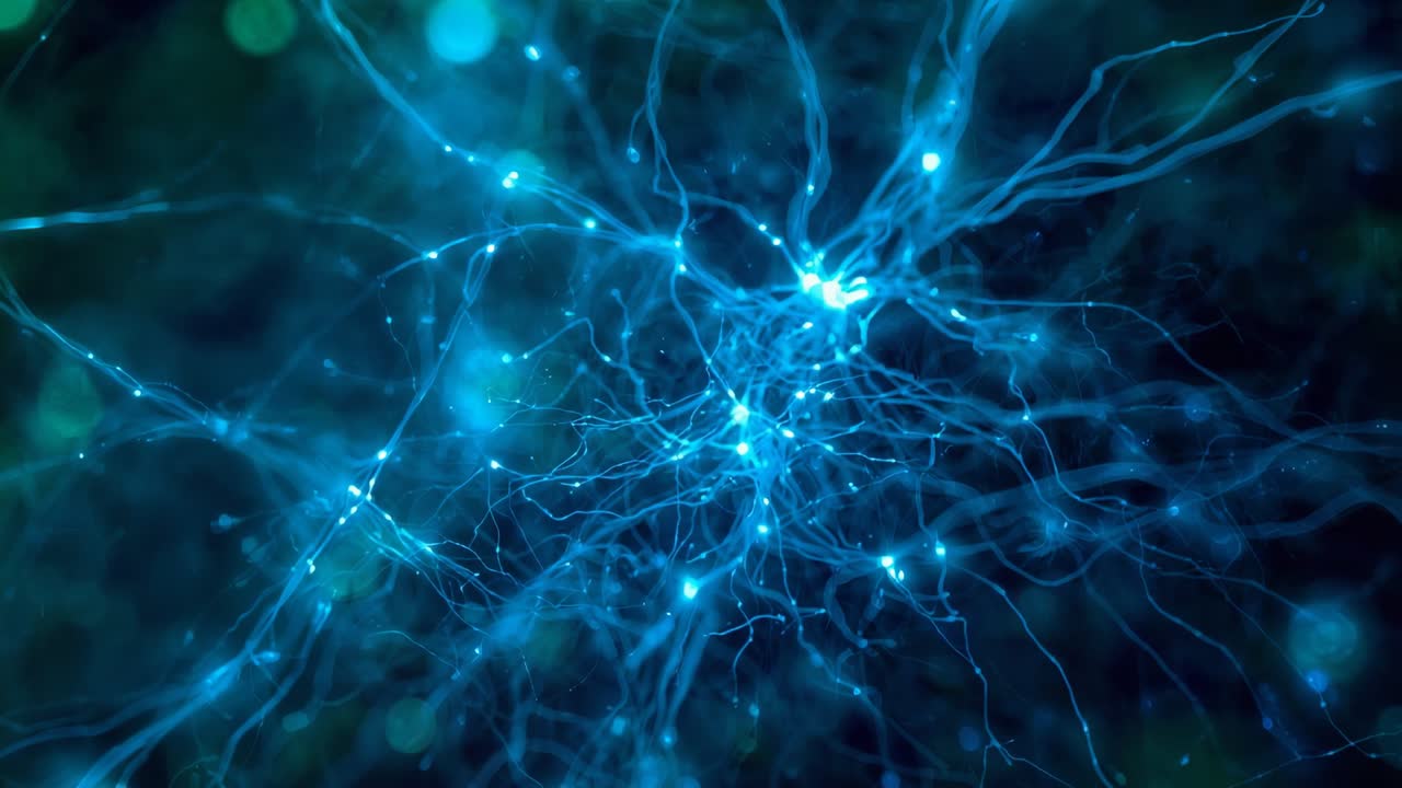 Pulsing focal node sparking central cluster sending light pulses across data network, synapse beads
