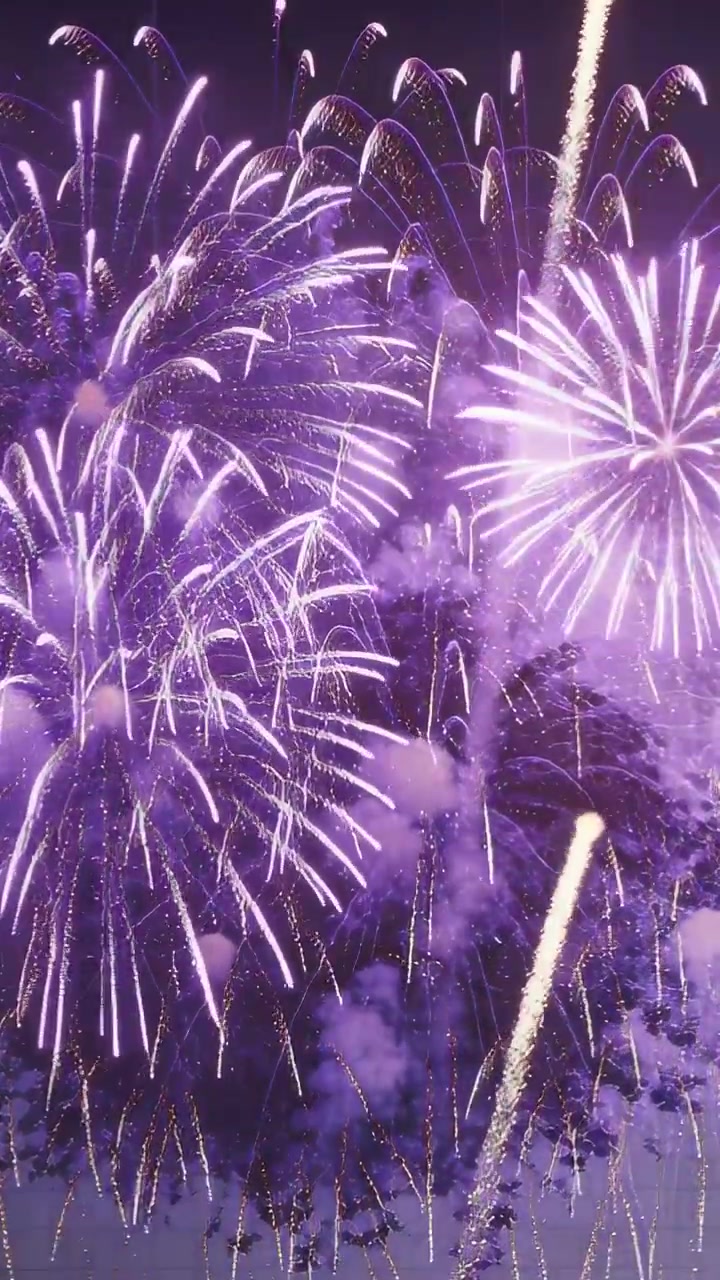 Video vertical: Fuegos artificiales lanzando estelas de cometa, cohetes creando explosiones moradas para un espectáculo sobre los árboles con humo.