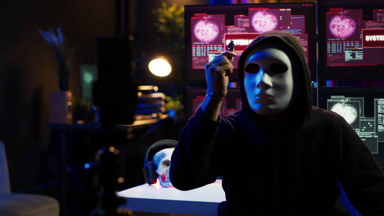 익명의 해커 그룹 멤버가 마스크를 쓰고 정부를 위협하는 영상을 촬영하고 있습니다.