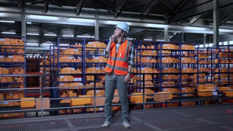 full body of asian male engineer with safety helmet standing in the warehouse with shelves full of delivery goods. thinking about something and looking around in the storage