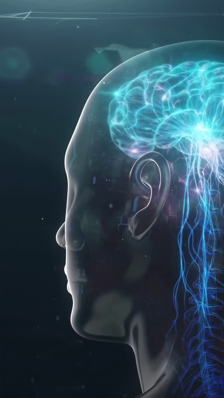 Side view of a digital brain with glowing neural pathways, futuristic video concept