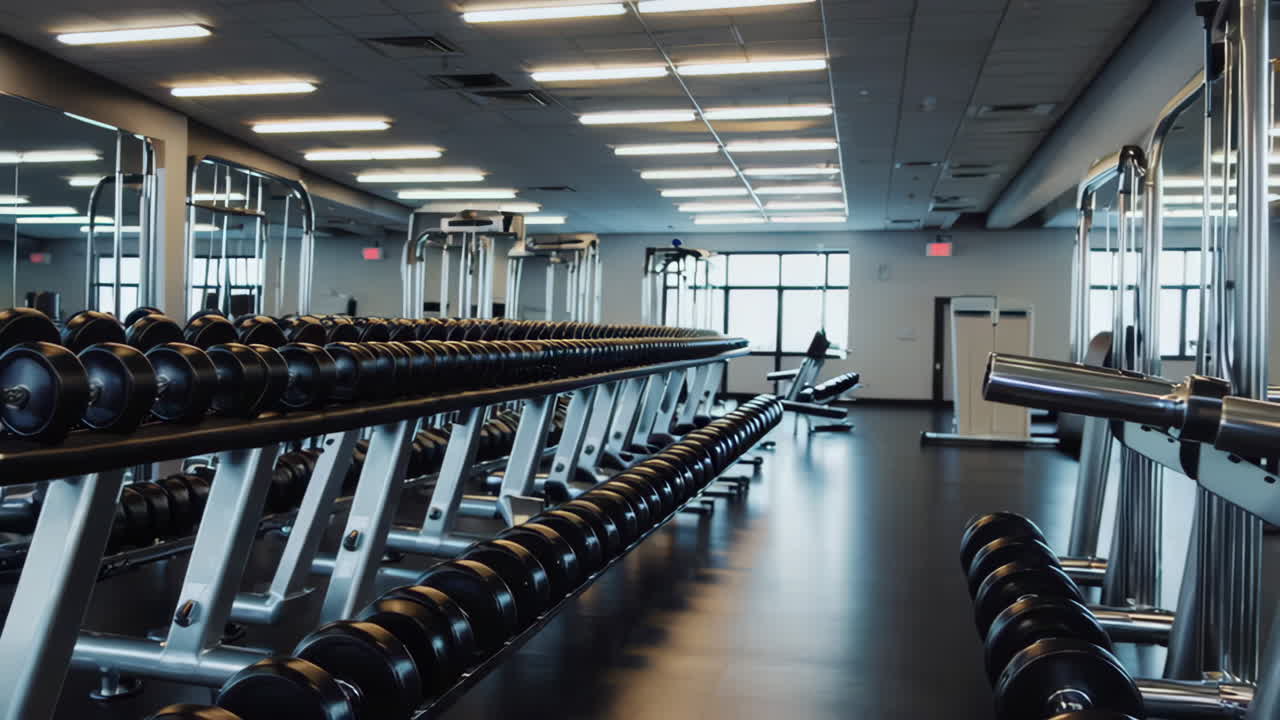 Interior View of a Modern, Empty Gym with Weights and Fitness Equipment