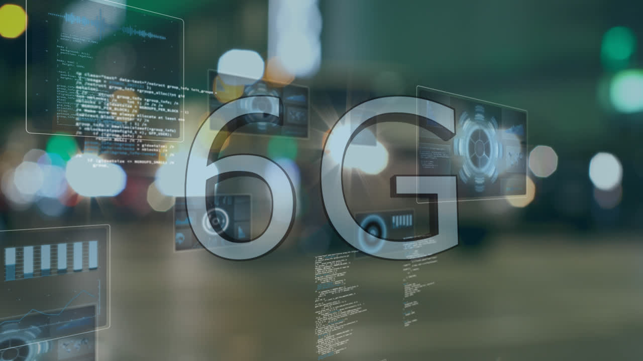 Animation of 6g text, data processing and scopes scanning on screens over out of focus road traffic