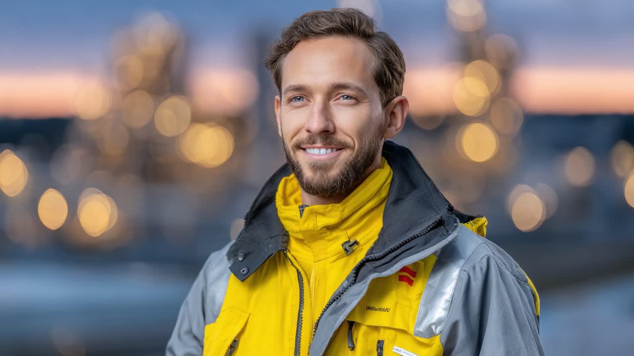 A Smiling Man in a Bright Yellow Jacket Stands Confidently in Front of a Beautiful Blurred Background, Capturing the Spirit of Adventure and Exploration