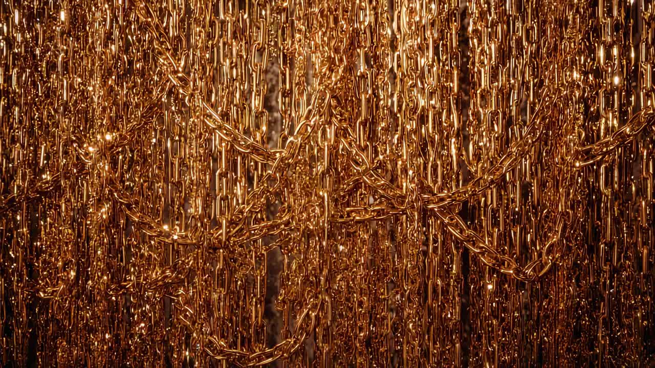 Shimmering gold-chain curtain catching moving spot from left at display, causing bloom and glints