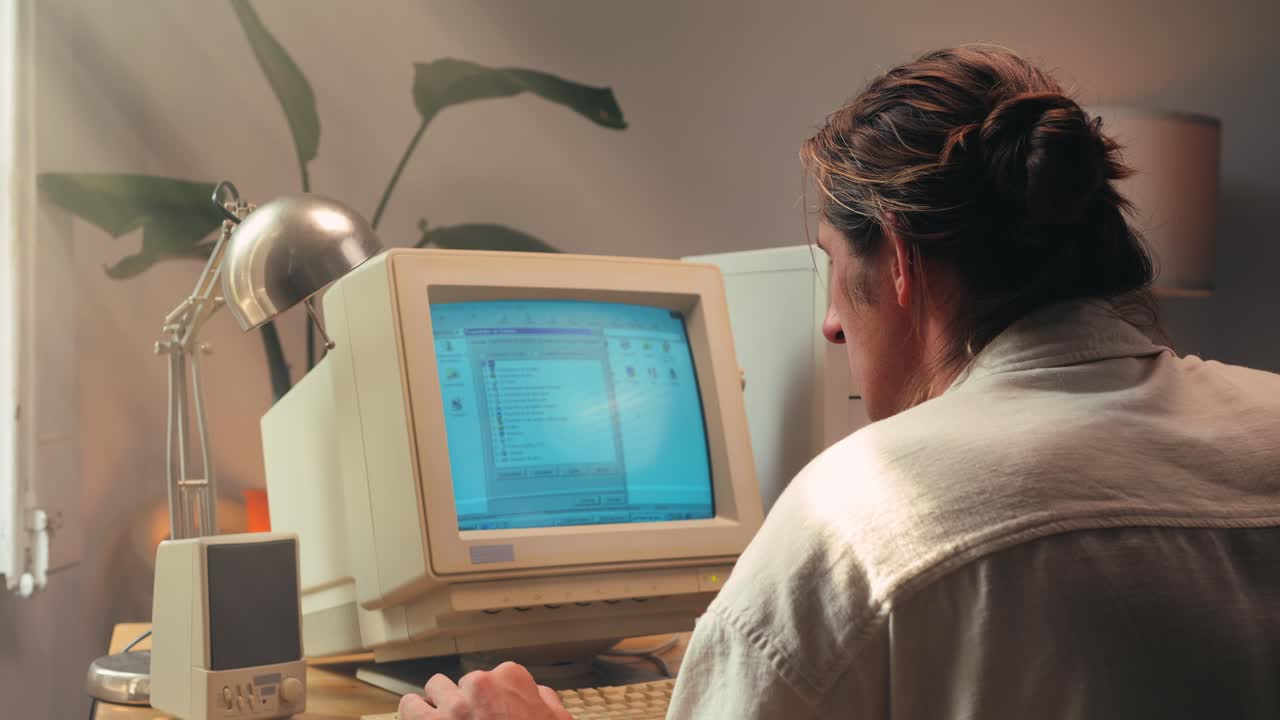 Man working and gaming on retro computer PC, IT engineer with vintage computer at home, using old fashion technology, close up of retro setup.