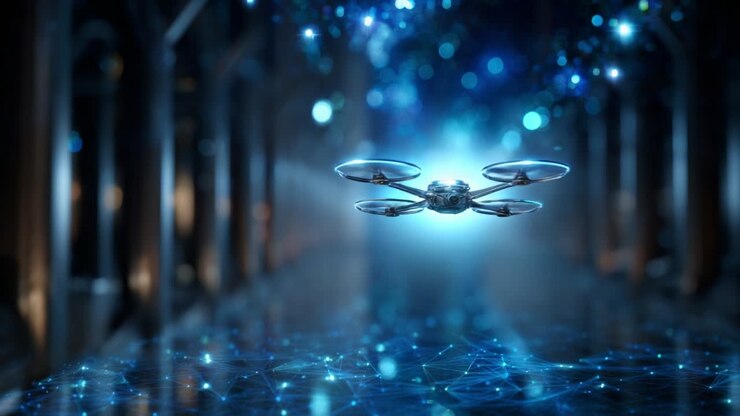 En høyteknologisk drone svever i et futuristisk miljø opplyst av blinkende lys, som viser en blanding av avansert teknologi og et eterisk digitalt landskap av tilkobling og innovasjon