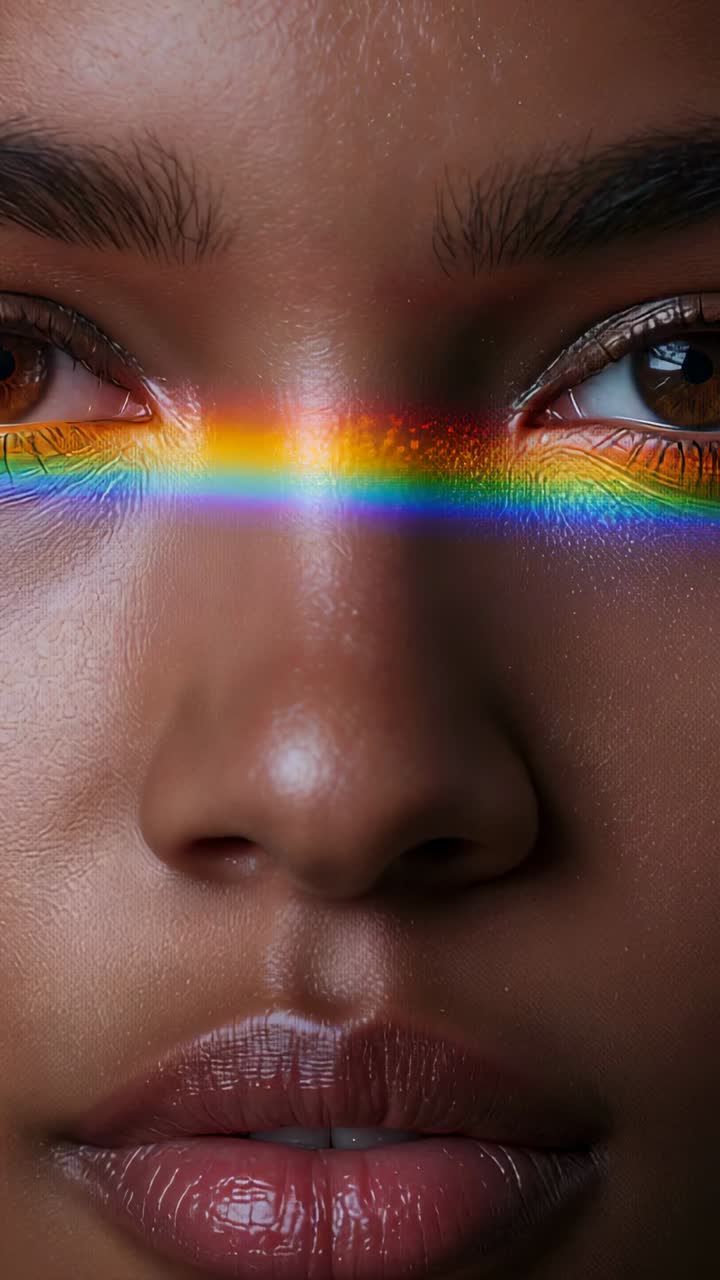 Vertical video: Blinking woman shifting gaze in studio, prism refracting rainbow band crossing face
