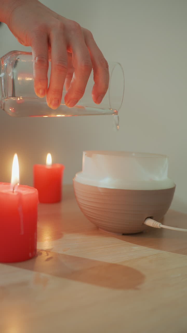 El difüzöre su döküyor, spa asistanı yanan kırmızı mumlarla bir aroma seansı hazırlıyor, seramik masaüstü cihaz fişe takılı, nazik buhar ve mum ışığı, masaj ve mikro akım için ideal.