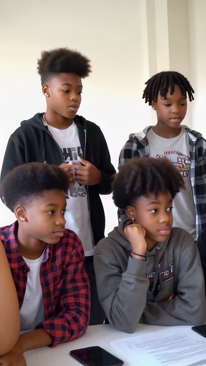 Group of Afro adolescents gathered for a chat, are sitting around a table.