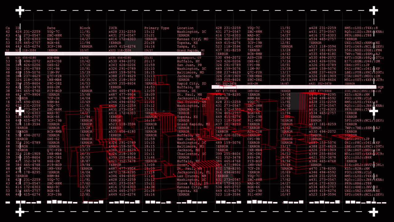 animación de pantalla digital negra con procesamiento de datos