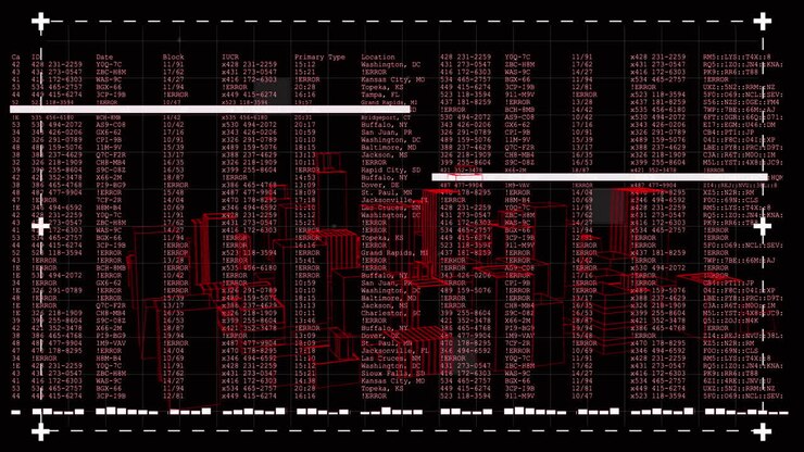 Animation of black digital screen with data processing