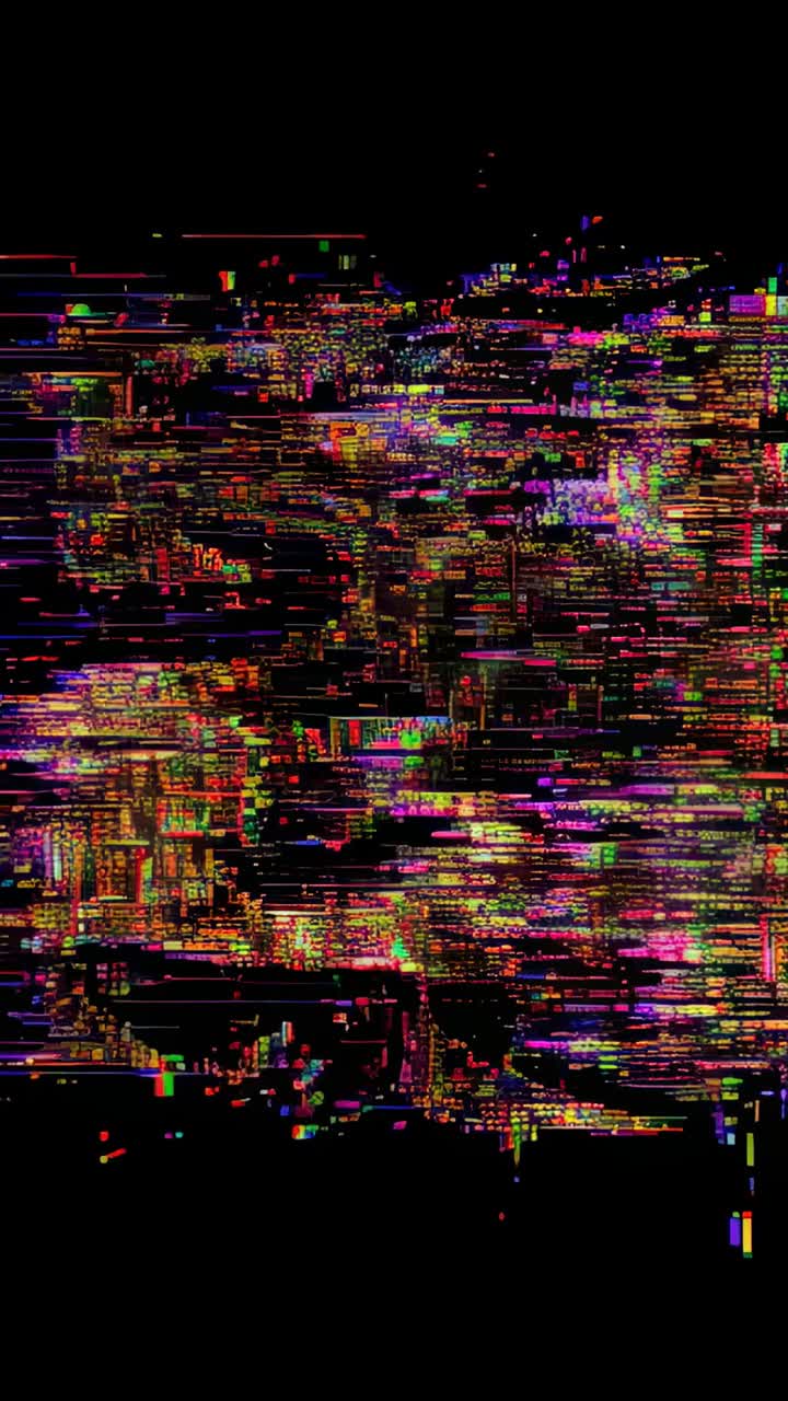 Vertical video: Glitching digital pattern breaking on screen upon feed loss, leaving colored specks