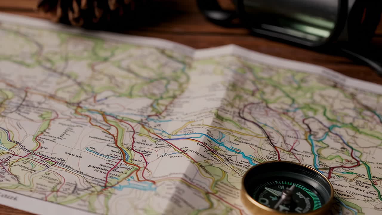 Vintage Map and Compass on Wooden Table