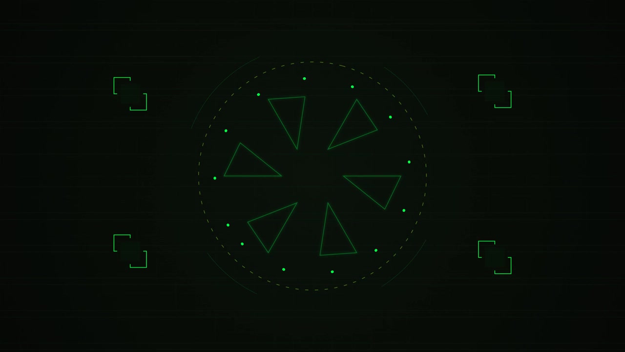 Interface HUD Digital Verde Futurista com Elementos Geométricos Rotativos