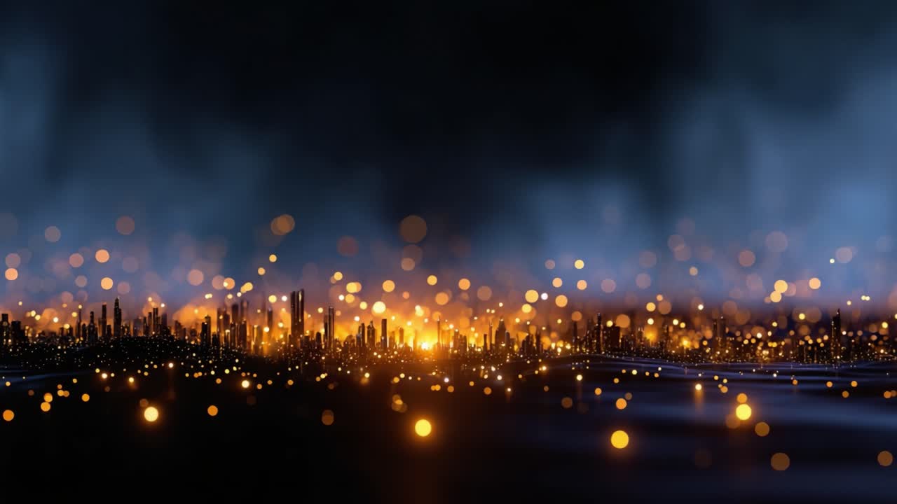 Un vivace paesaggio urbano illuminato da luci scintillanti su un cielo scuro, che cattura il cuore pulsante di una città animata al crepuscolo con un coinvolgimento frizzante