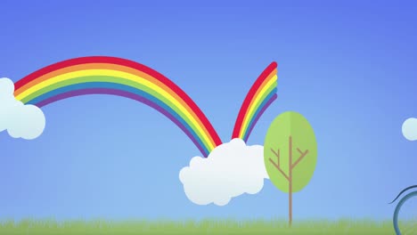 Animation-of-trees-and-clouds-over-rainbow-on-blue-background