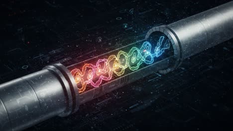 a futuristic energy conduit displaying vibrant flow of multicolored waves through a high-tech pipe in a cosmic digital environment