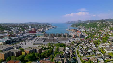 drone footage of a city at the end of a fjord filled with blue water, mountains and nice buildings