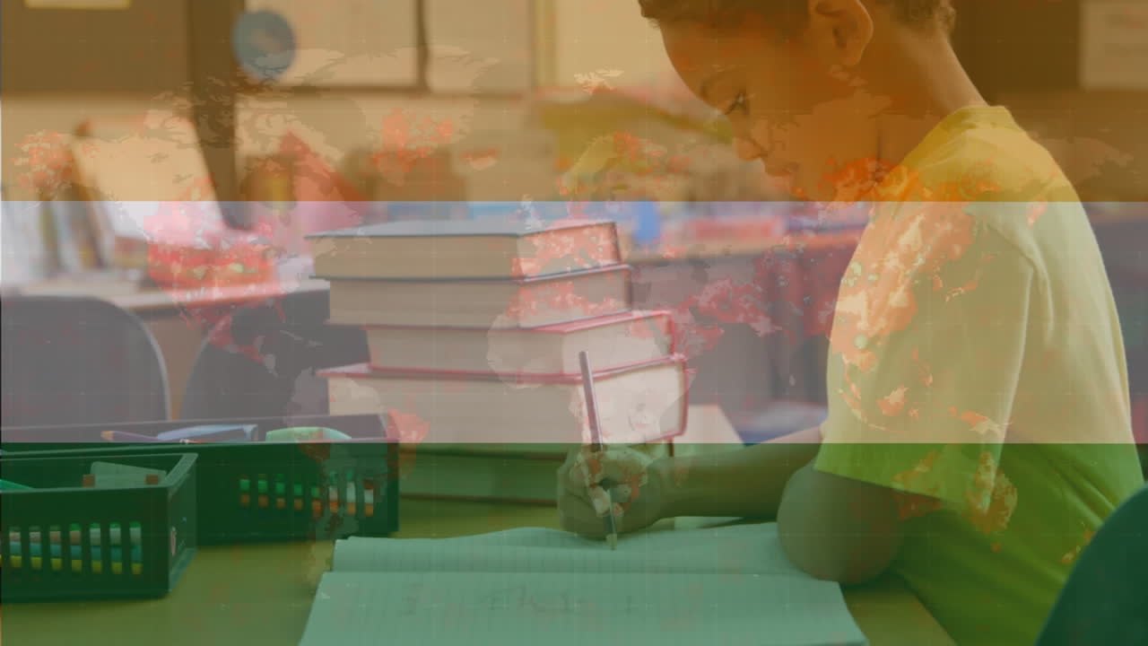 composición digital del mapa del mundo contra un niño afroamericano que estudia en la escuela primaria