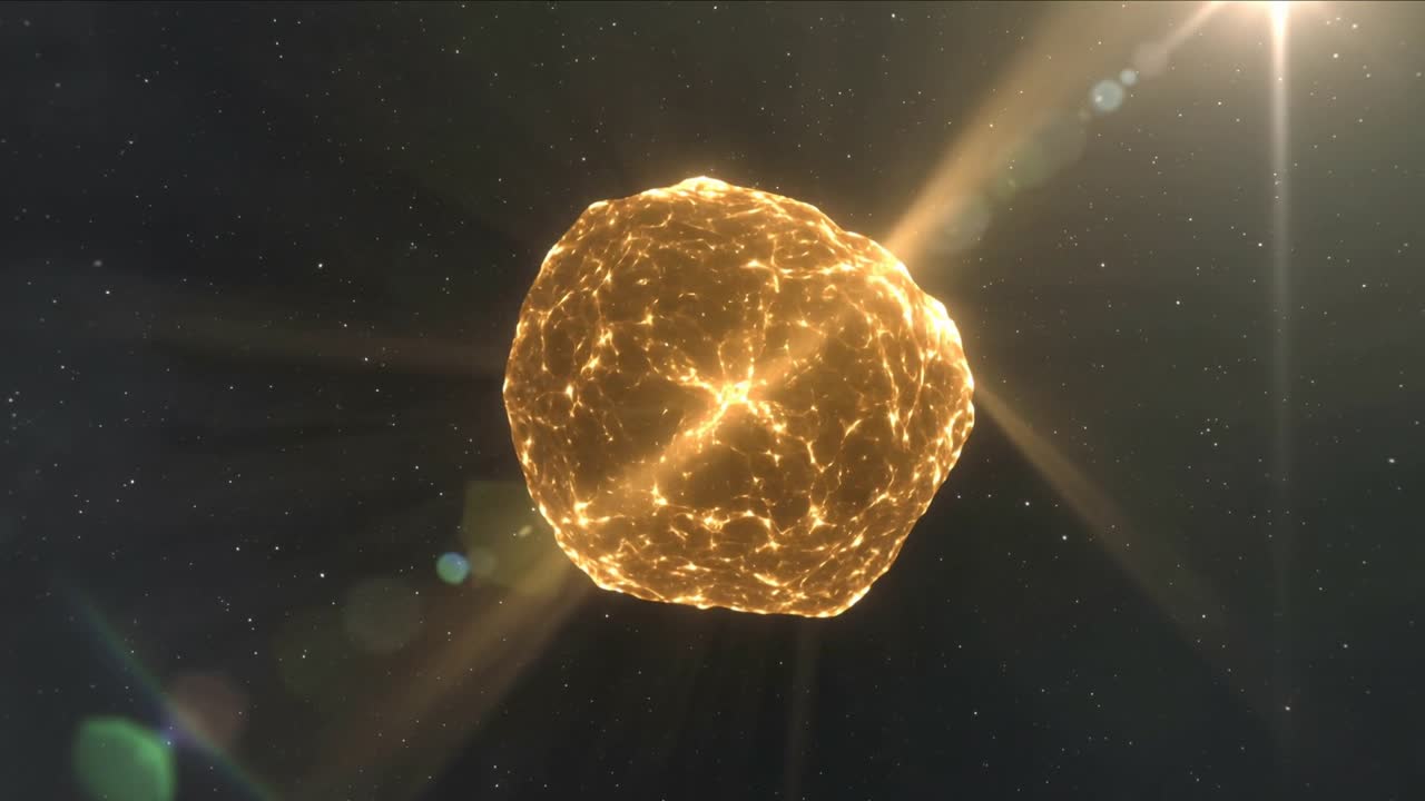 Sfera dorata luminosa rotante con filamenti pulsanti, mentre una stella sulla destra proietta un bagliore nello spazio.