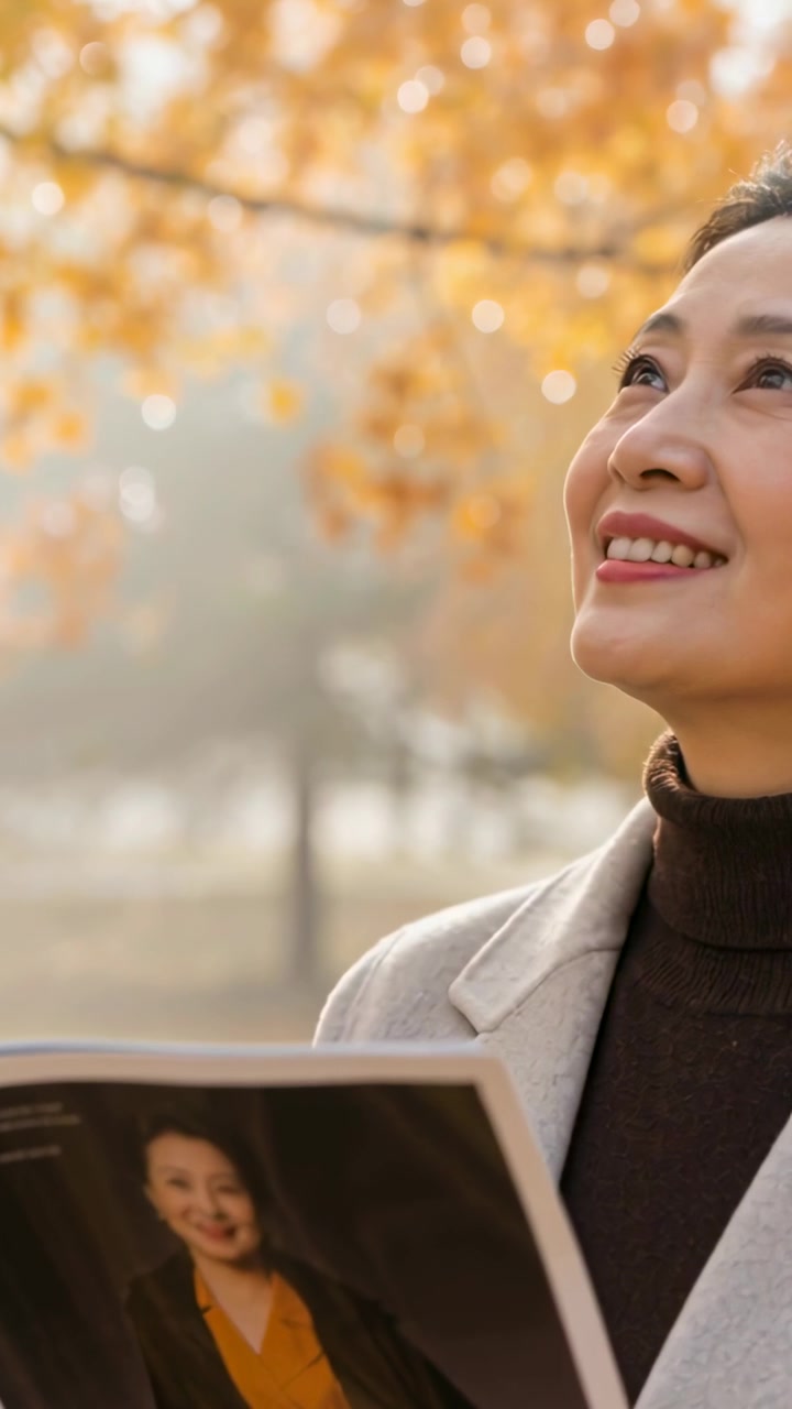 Vertical video: Admiring golden leaves, Asian woman looking up in park, holding magazine, in coat
