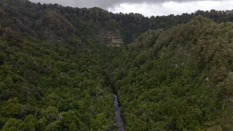 Regiones-Montañosas-De-La-Nueva-Zelanda-Rural-Con-Densa-Selva-Tropical,-Acantilados-Escarpados-Y-Un-Pequeño-Río-Que-Fluye-Por-El-Medio