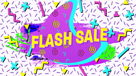 Animation-of-flash-sale-text-in-yellow-letters-over-brightly-coloured-retro-pattern