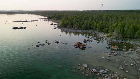 Aerial-descent-of-forested-lake-coastline-with-water-reflection,-Lake-Huron,-Michigan