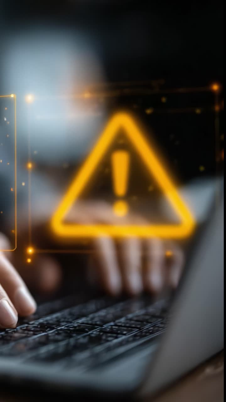 A Close-Up View of Concerned Hands on Keyboard with an Alert Indicator, Highlighting Potential Issues in Digital Communication or Cybersecurity Scenarios
