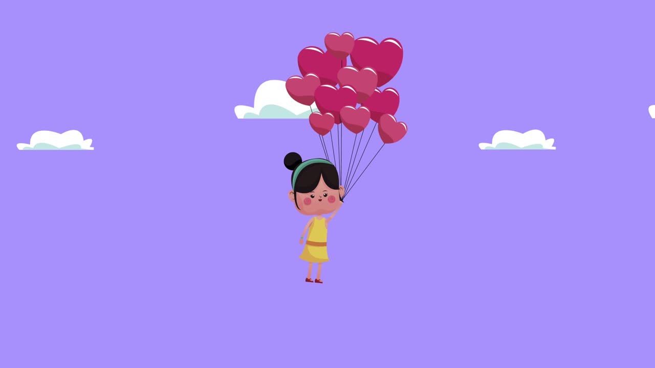 Bambina che vola con palloncini a forma di cuore