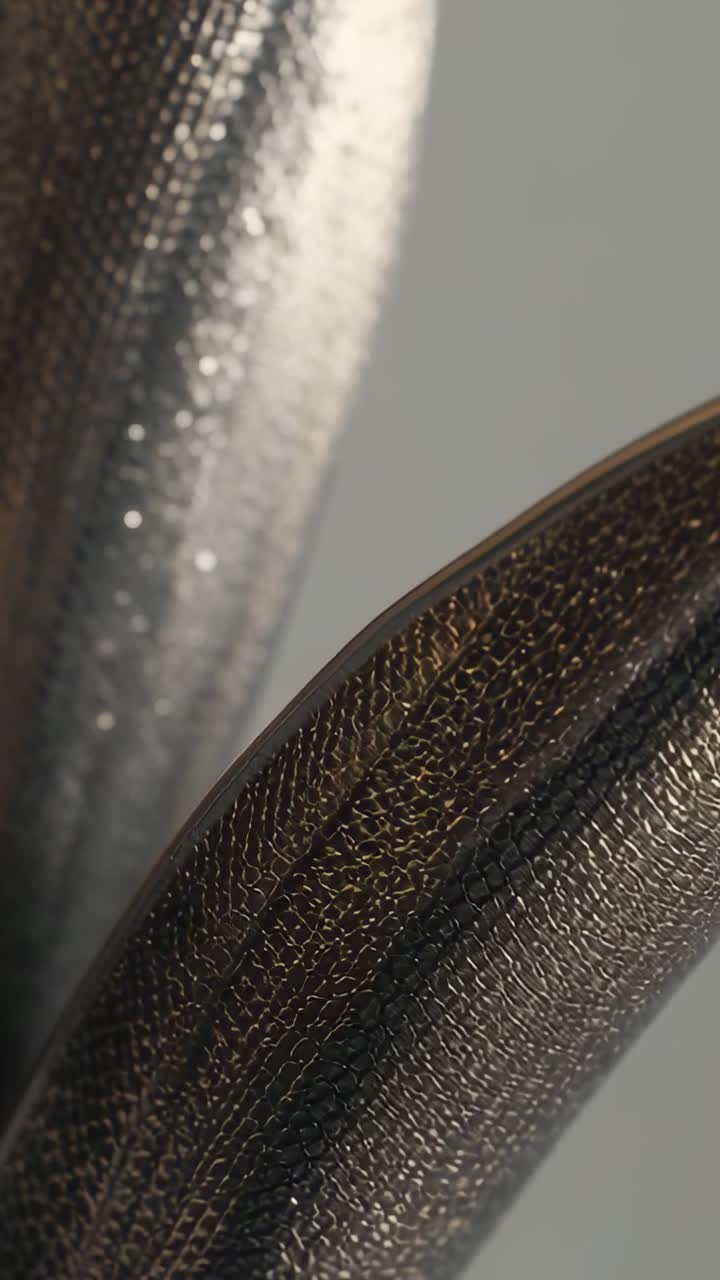 Stående video: Fångar texturerat metallpar i övre vänstra hörnet som skiftar fokus i studion och visar åsar