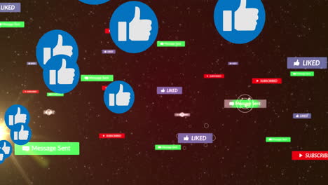 animación de pulgares hacia arriba y texto e iconos de redes sociales sobre fondo marrón