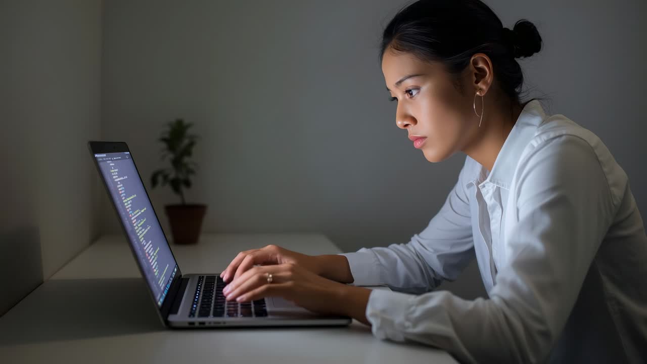 Opening laptop, woman in white shirt typing code in study with potted plant, copy space