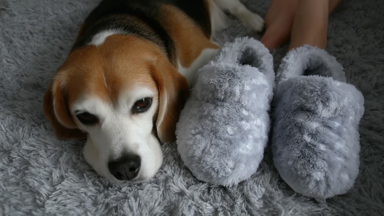 A Cozy Moment: A Beagle Lies Next to Soft Slippers on a Plush Gray Rug, Capturing Comfort and Companionship in a Warm Home Setting