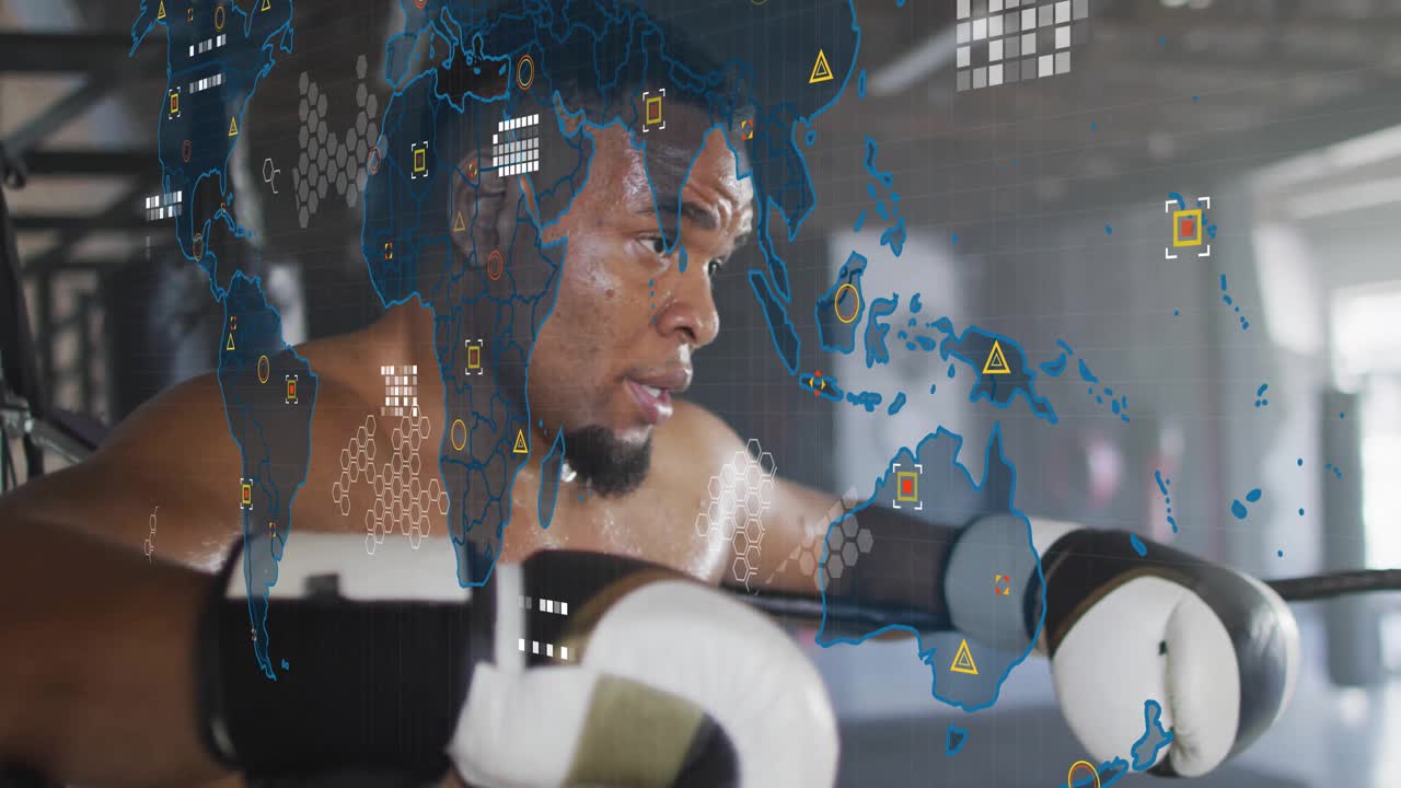 Trænende bokser med animationsoverlejring af globale netværksdata i fitnesscenter