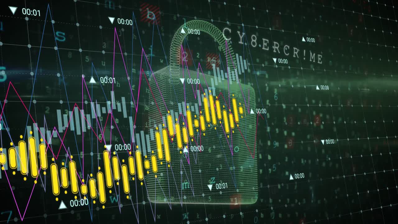 녹색 배경에 있는 보안 락 아이콘 위의 데이터 처리의 애니메이션