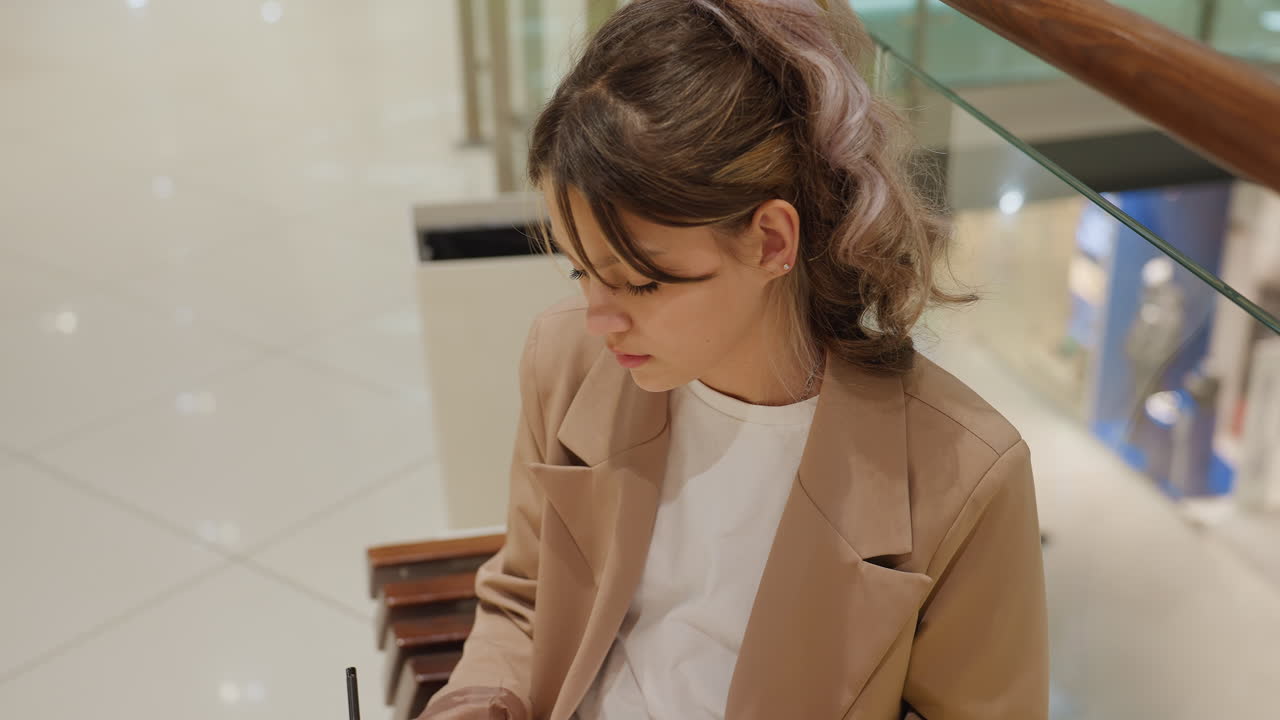 쇼핑 가방을 들고 쇼핑몰 벤치에 앉아 일기를 쓰는 젊은 백인 여성, 생각에 잠긴 표정, 손에 펜을 쥐고 세련된 블레이저와 캐주얼 청바지를 입고, 따뜻한 쇼핑몰 조명과 반사되는 상점 전면, 친밀한 분위기