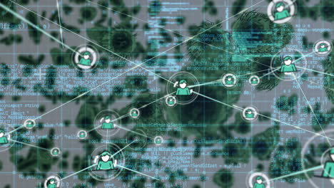 Network of profile icons and data processing over multiple covid-19 cells on grey background