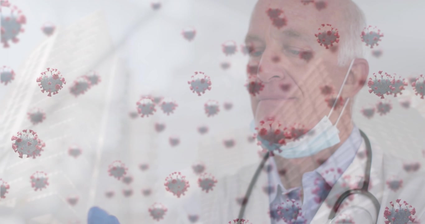 Animazione di cellule virali su medico caucasico con guanti