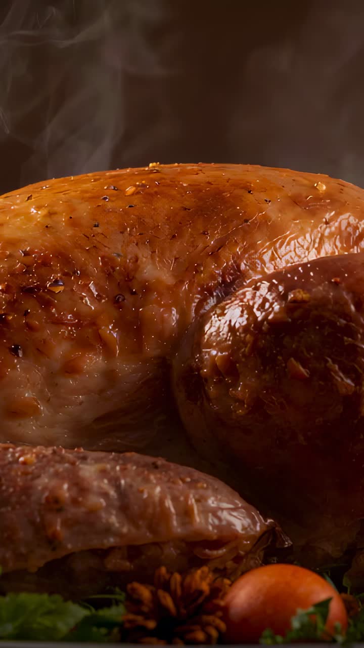 Vertical video: Telescoping camera highlighting glazed turkey breast and leg steaming on studio set