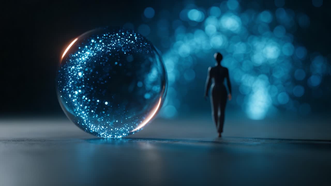 Una scena affascinante che mostra una figura che cammina verso una sfera di cristallo luminosa, circondata da luci blu scintillanti, creando un'atmosfera incantevole e onirica