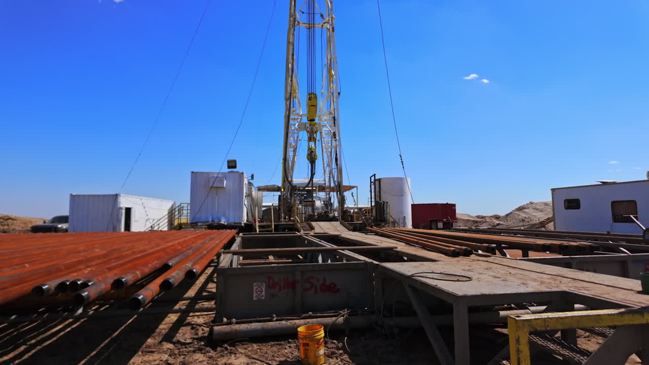 Lots of metal rusty pipes lie under the derrick at oil production site. Oil industry company in the desert.
