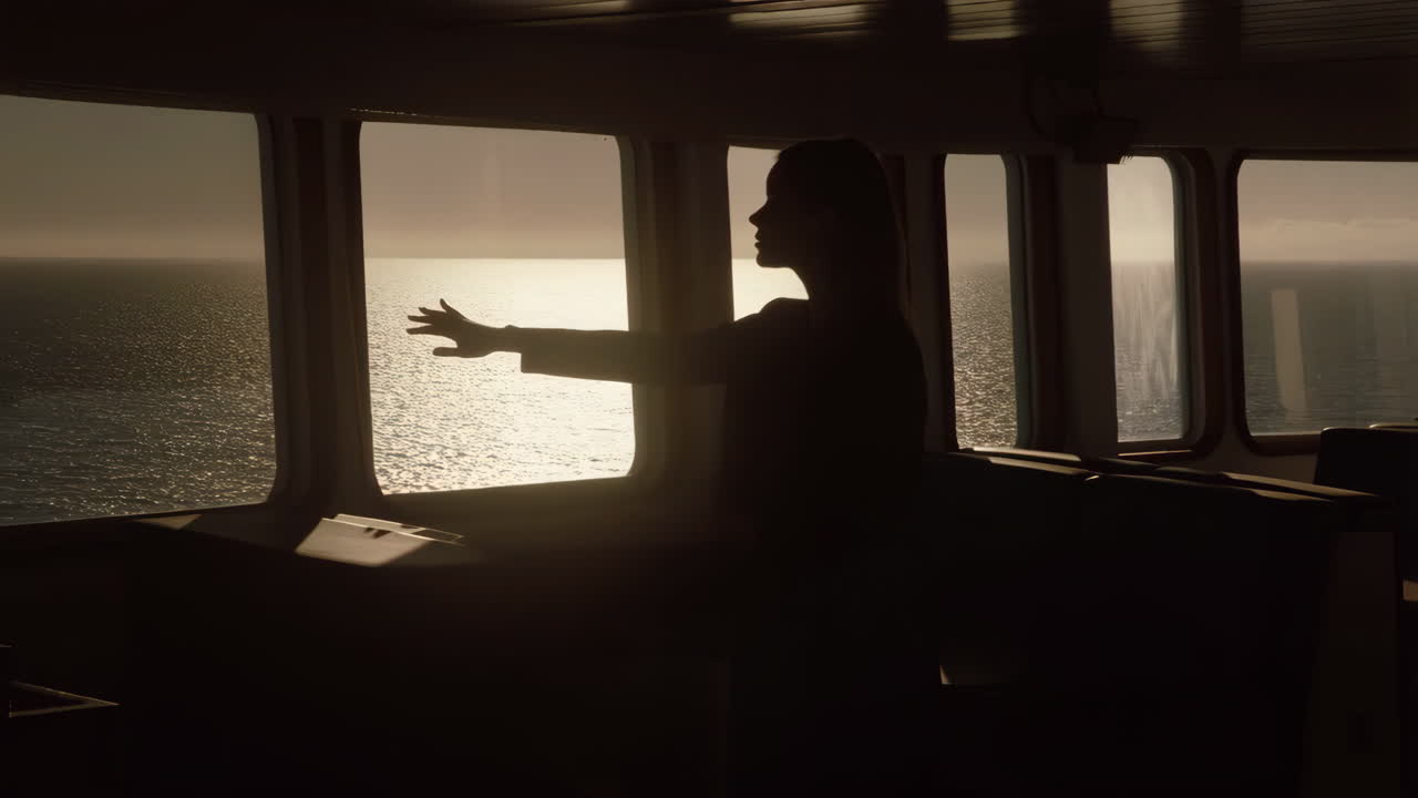 Woman looking out at the sea from a ship window at sunset