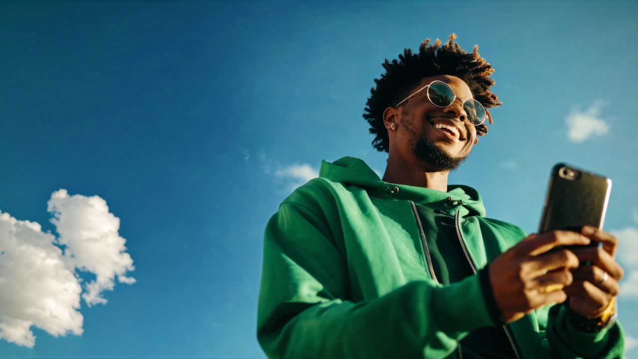 The video captures a joyful moment of a person in a green hoodie using a smartphone, set